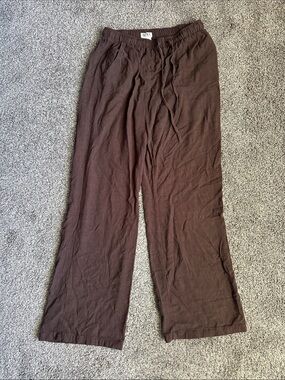 Brown Linen-Blend Drawstring Pants